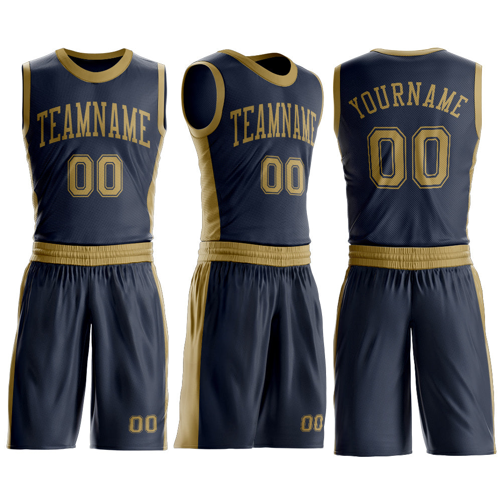 Custom Navy Old Gold Round Neck Suit Basketball Jersey