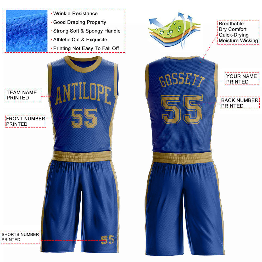 Custom Royal Old Gold Round Neck Suit Basketball Jersey