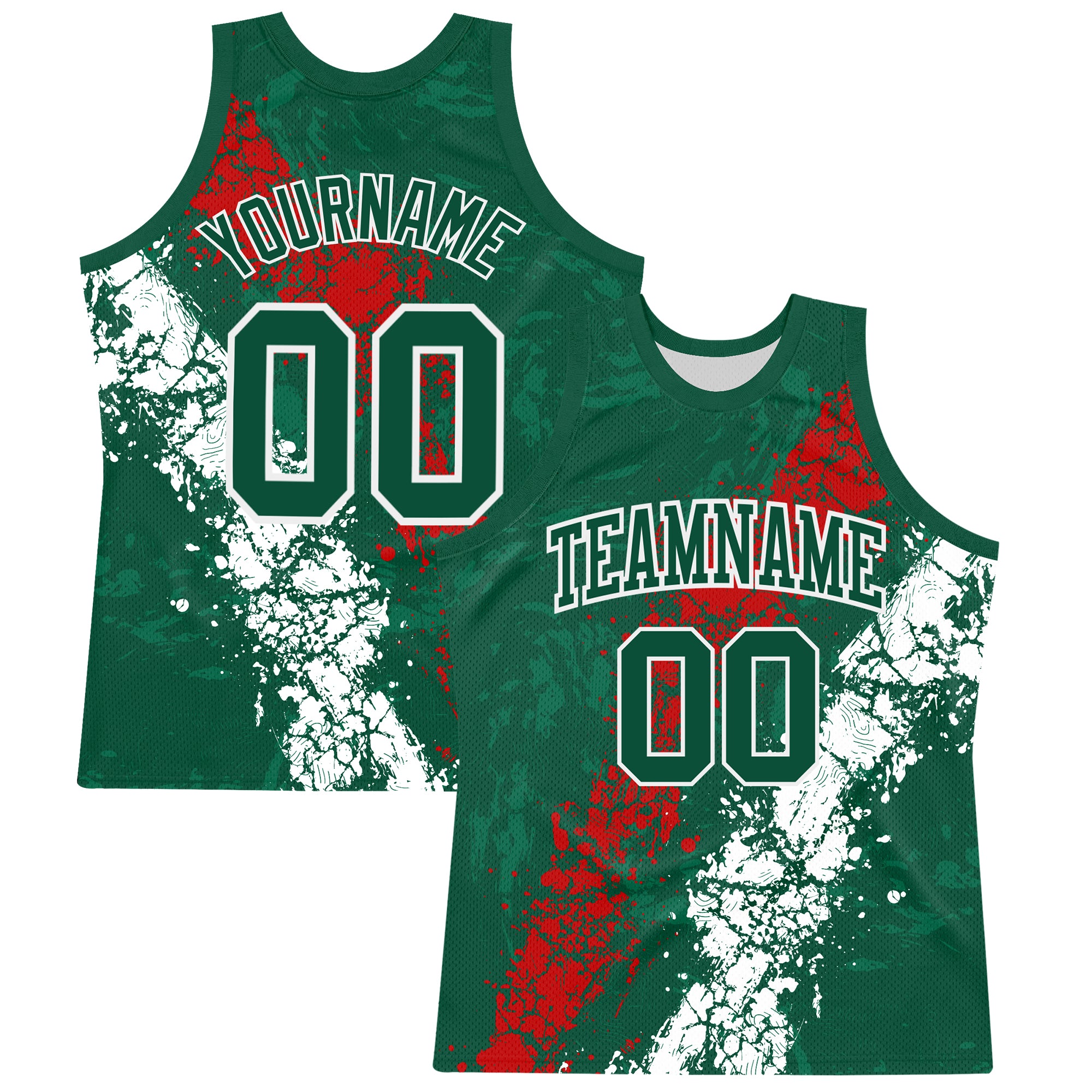Custom Green Red-White Splash Round Neck Sublimation Basketball Suit Jersey