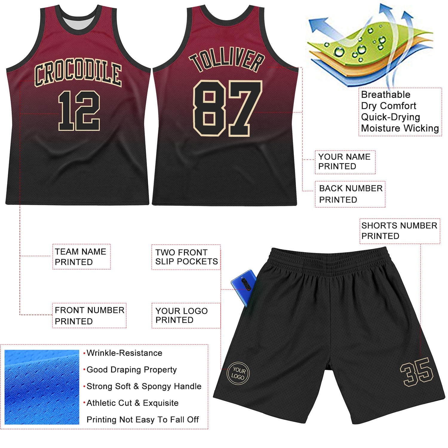Custom Crimson Black-Cream Fade Fashion Round Neck Sublimation Basketball Suit Jersey