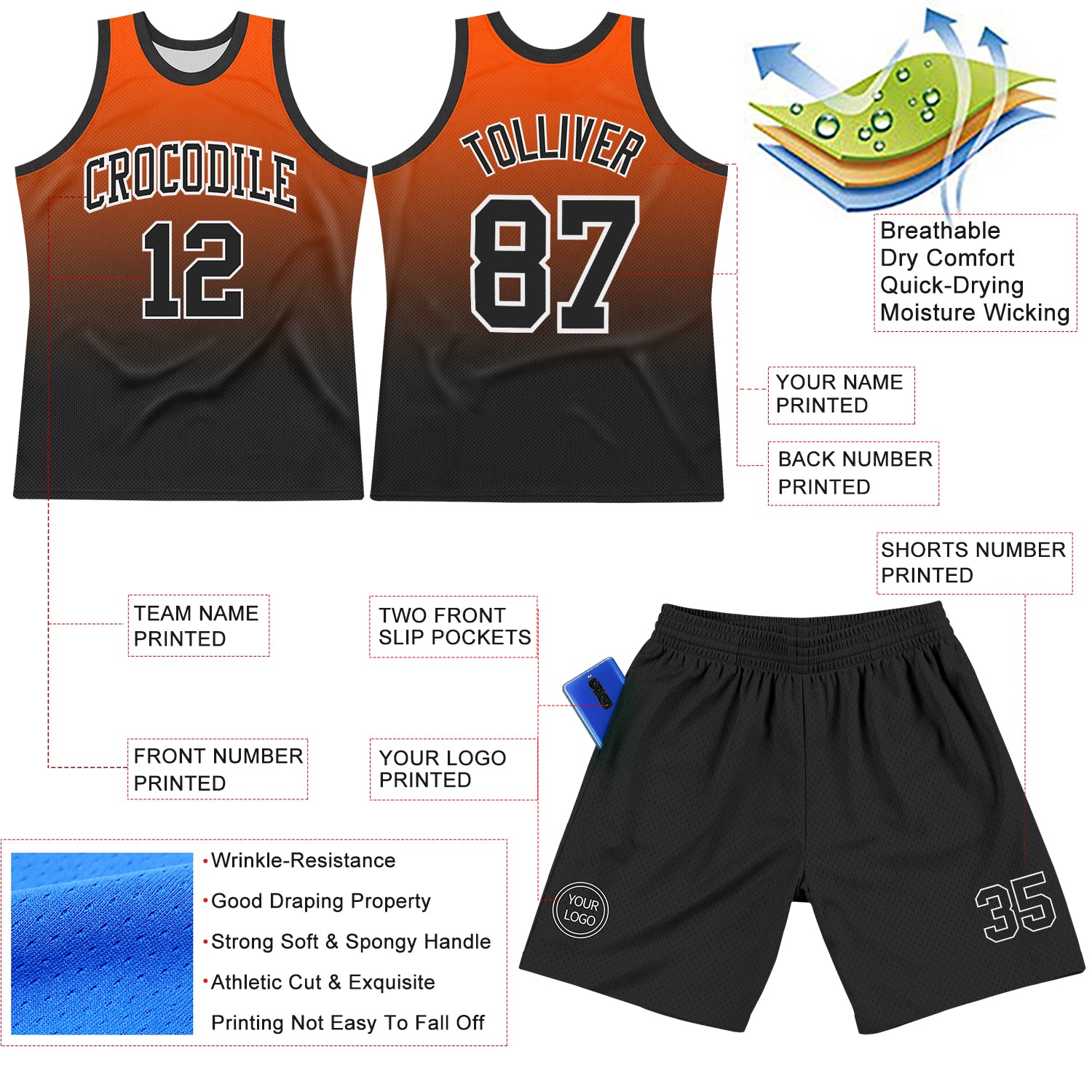 Custom Orange Black-White Gradient Square Shapes Round Neck Sublimation Basketball Suit Jersey