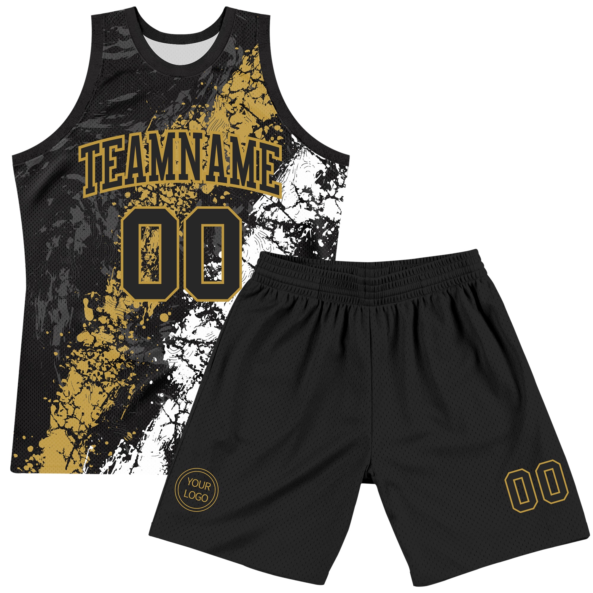 Custom Black Old Gold-White Splash Round Neck Sublimation Basketball Suit Jersey