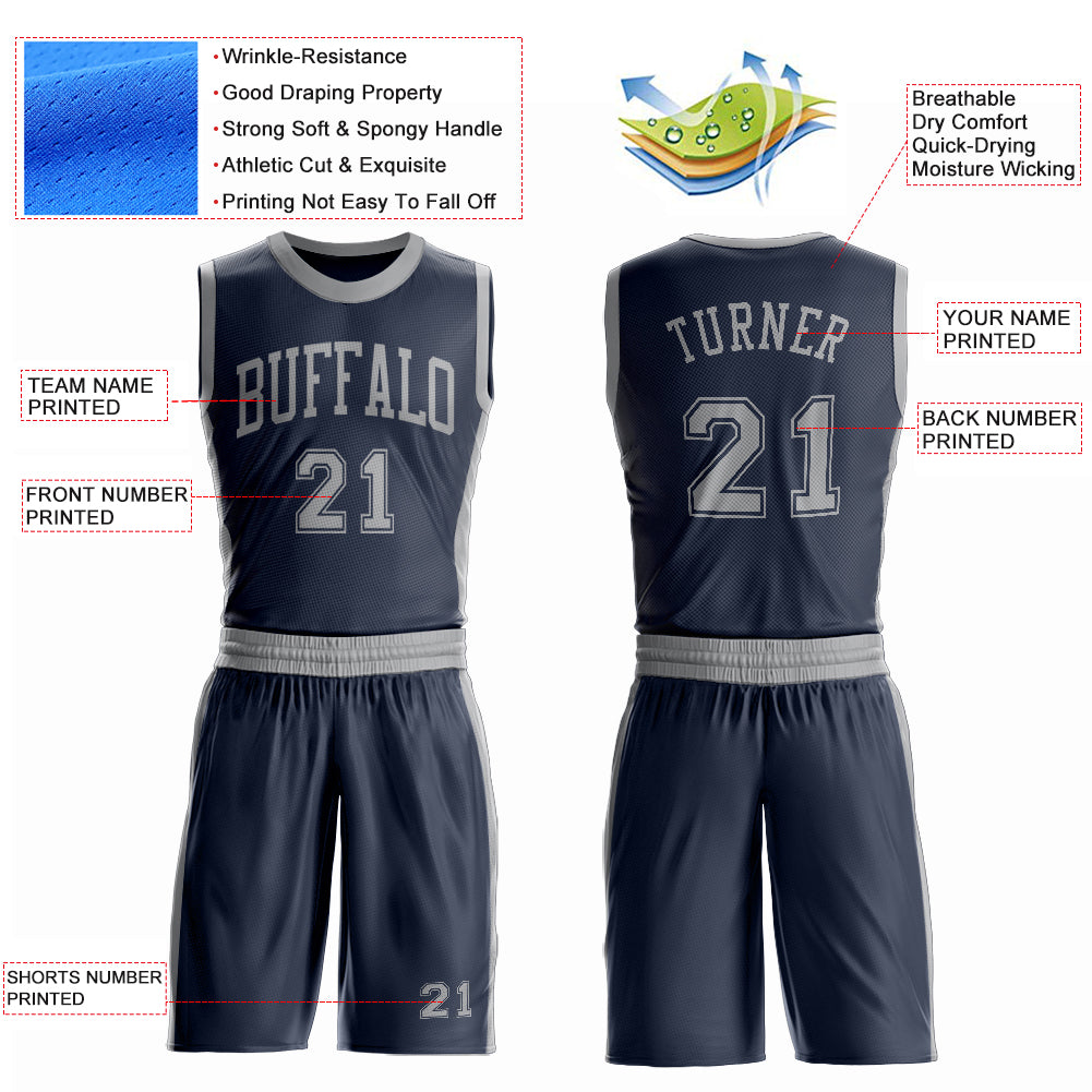 Custom Navy Gray Round Neck Suit Basketball Jersey