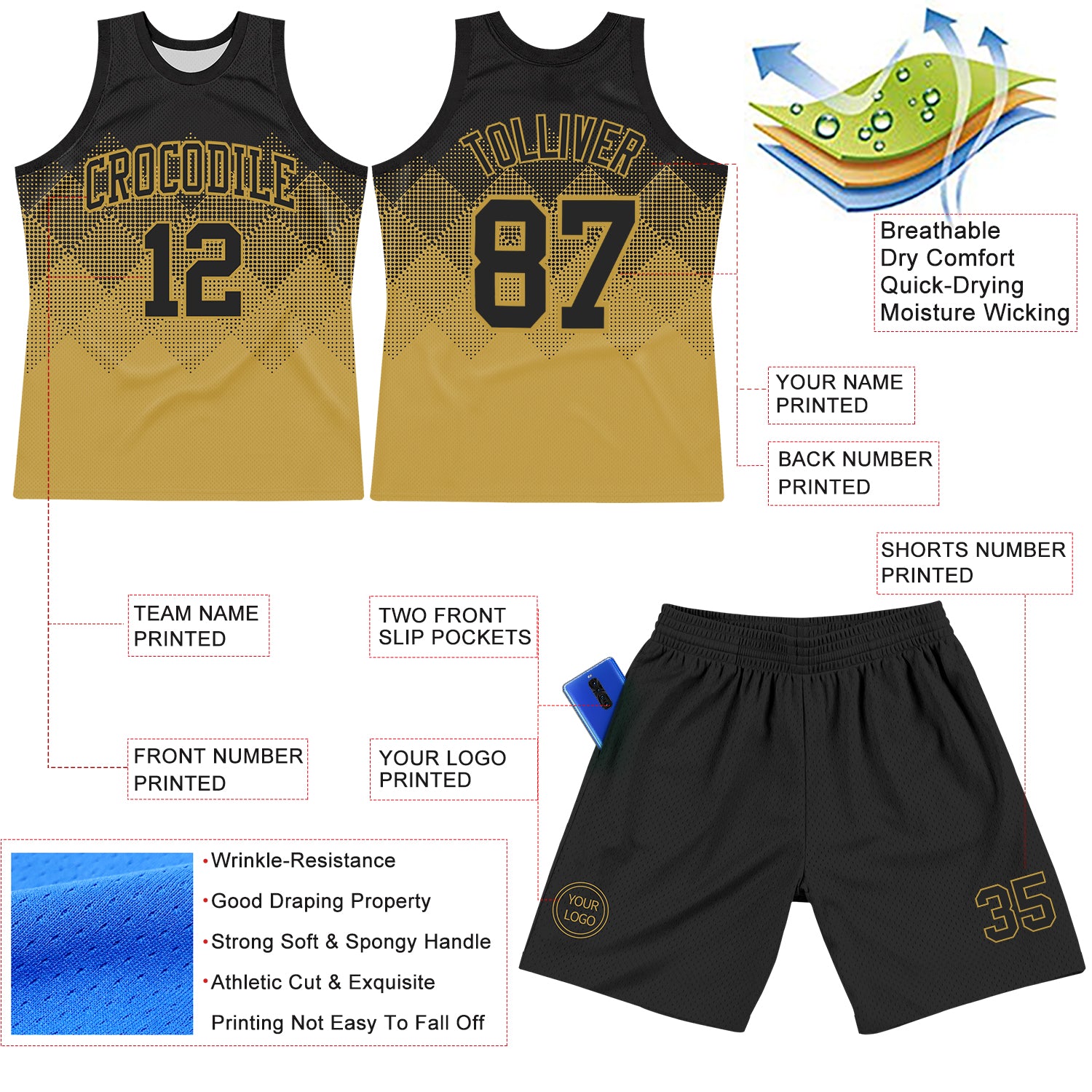 Custom Black Old Gold Gradient Square Shapes Round Neck Sublimation Basketball Suit Jersey