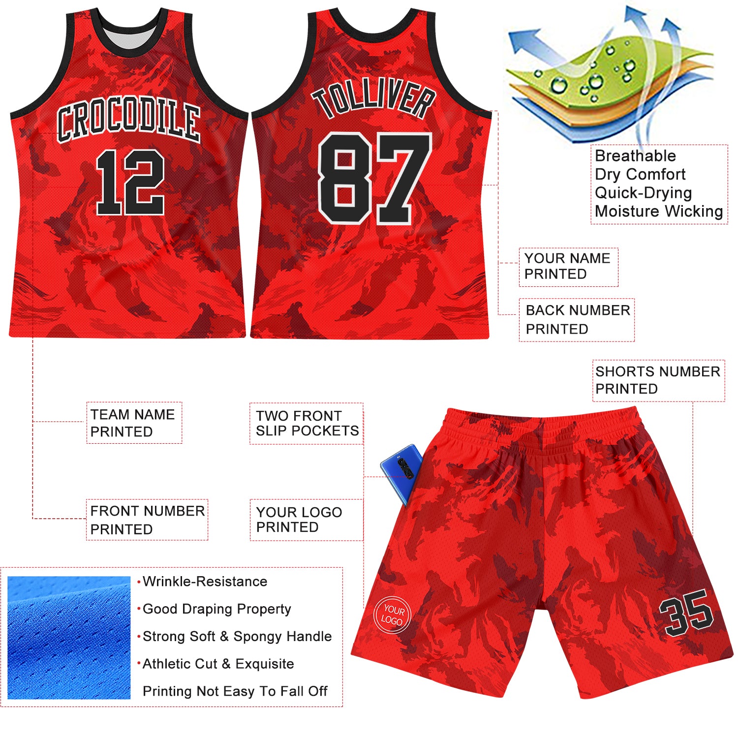Custom Red Black-White Splash Round Neck Sublimation Basketball Suit Jersey