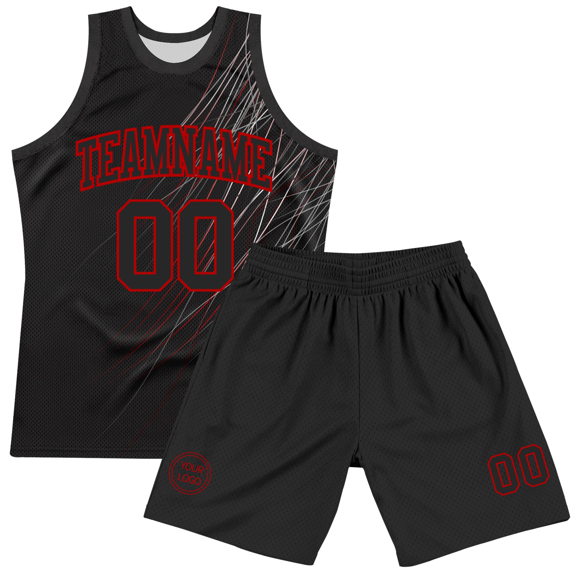 Custom Black Red Line Round Neck Sublimation Basketball Suit Jersey