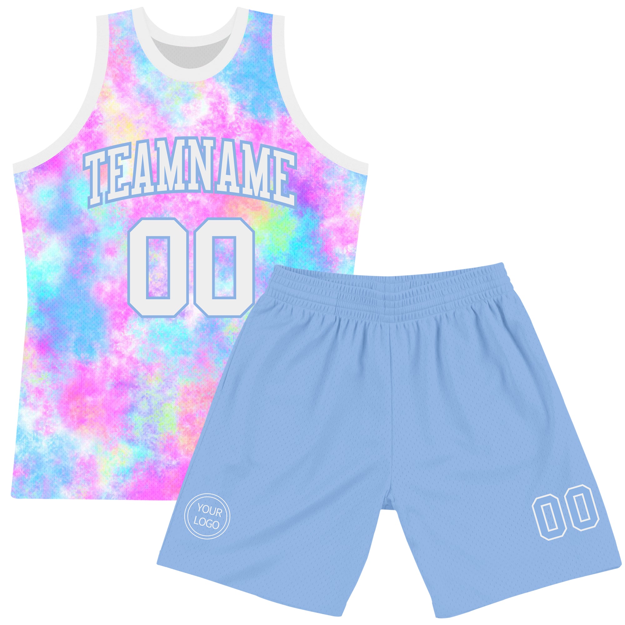 Custom Tie Dye White-Light Blue Round Neck Sublimation Basketball Suit Jersey