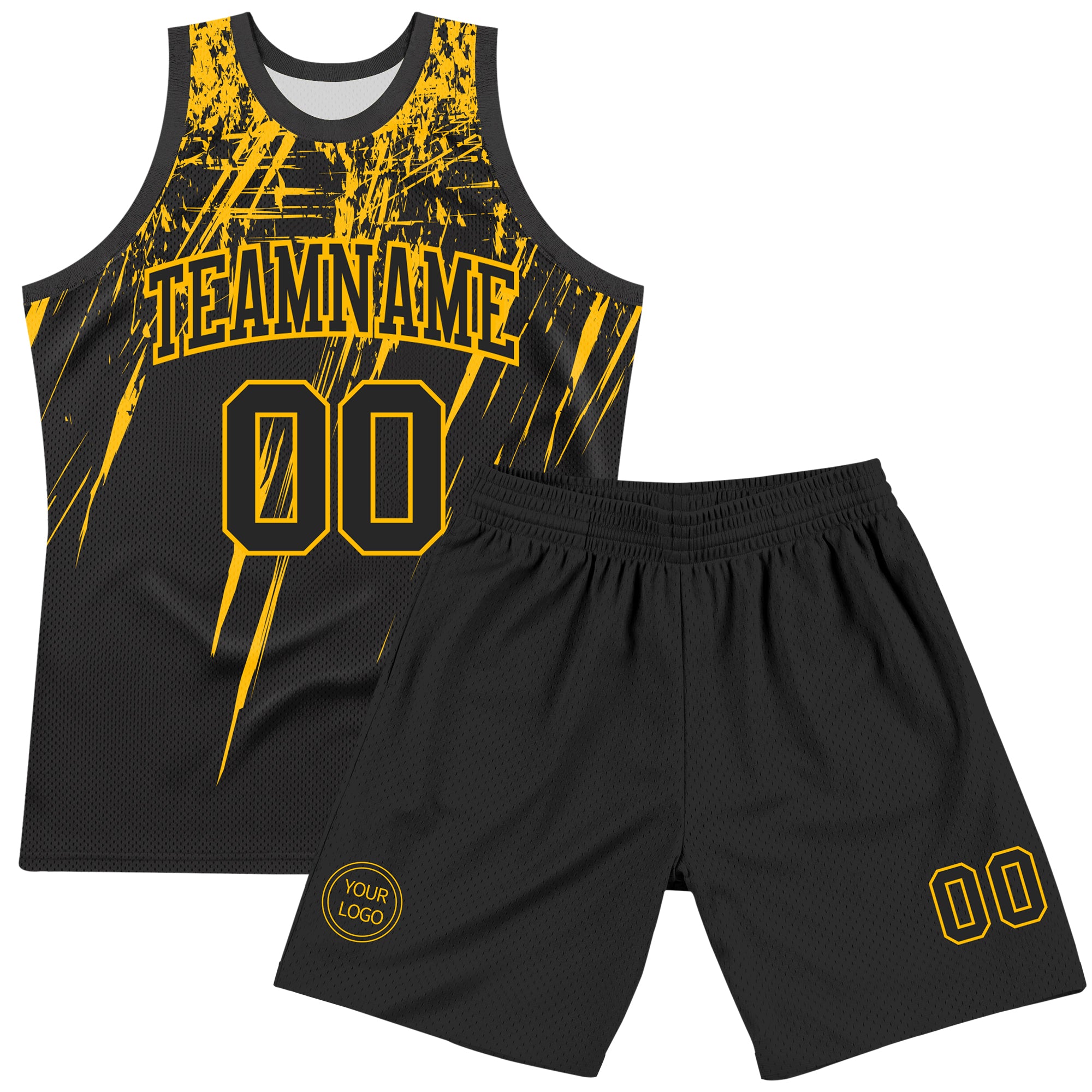 Custom Black Gold Splash Round Neck Sublimation Basketball Suit Jersey