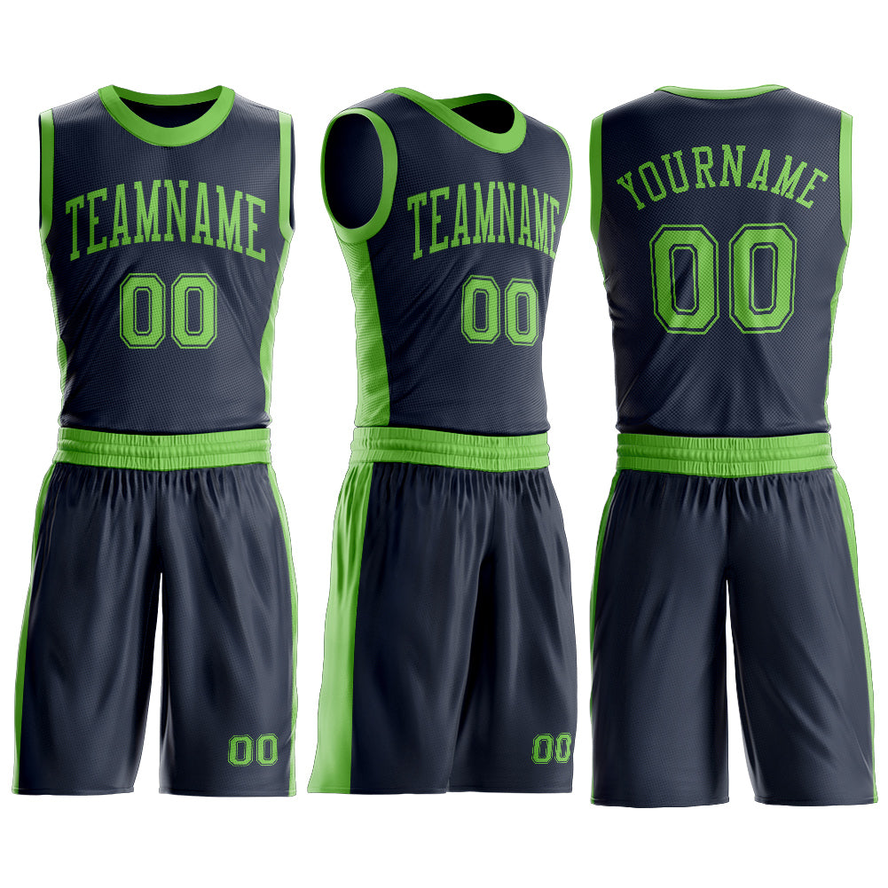 Custom Navy Neon Green Round Neck Suit Basketball Jersey