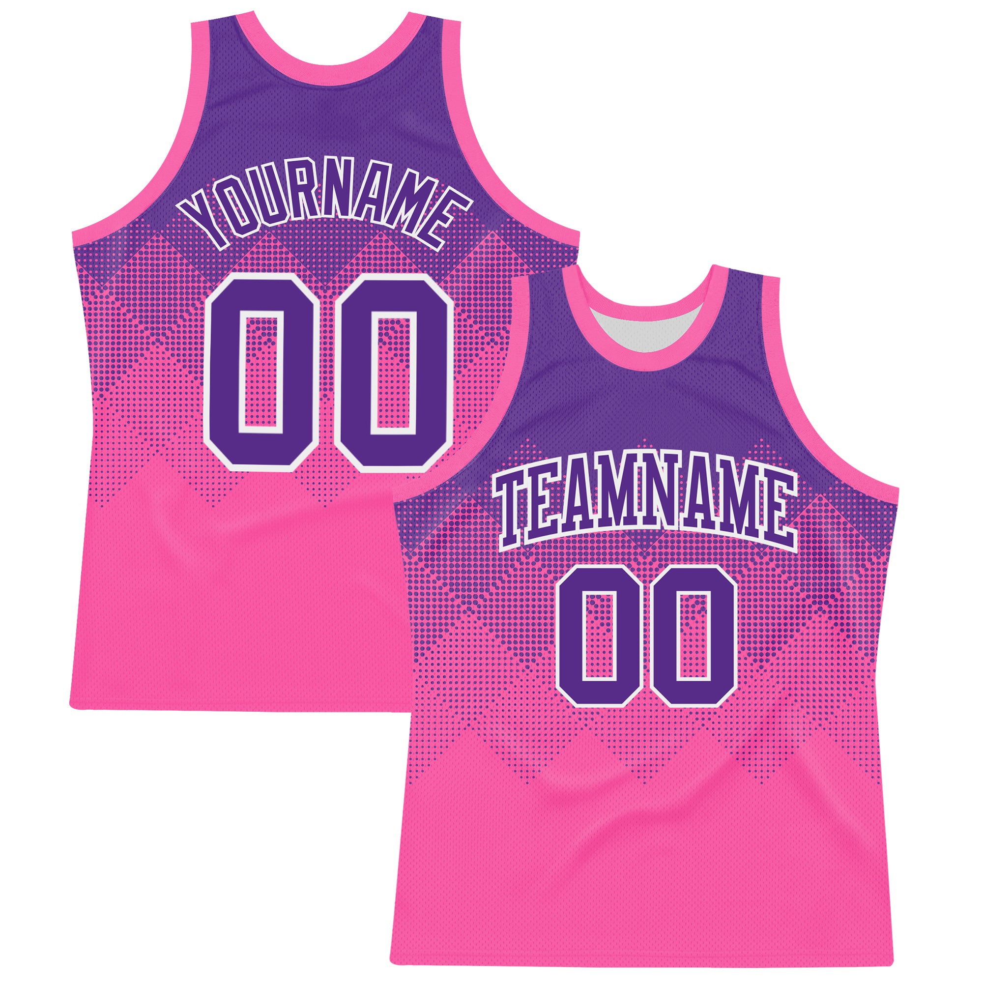 Custom Purple Pink-White Gradient Square Shapes Round Neck Sublimation Basketball Suit Jersey