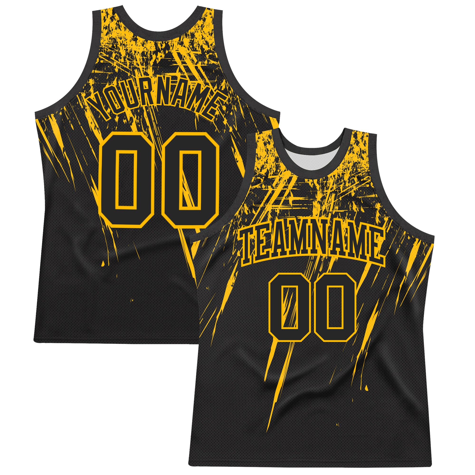 Custom Black Gold Splash Round Neck Sublimation Basketball Suit Jersey
