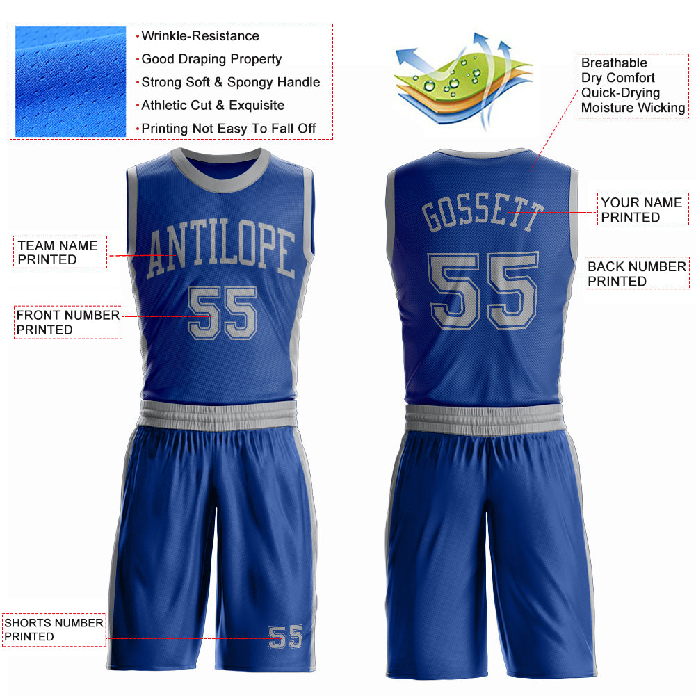 Custom Royal Gray Round Neck Suit Basketball Jersey
