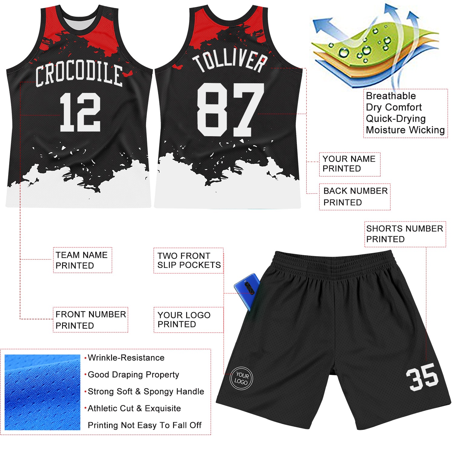 Custom Black White-Red Fragment Art Round Neck Sublimation Basketball Suit Jersey