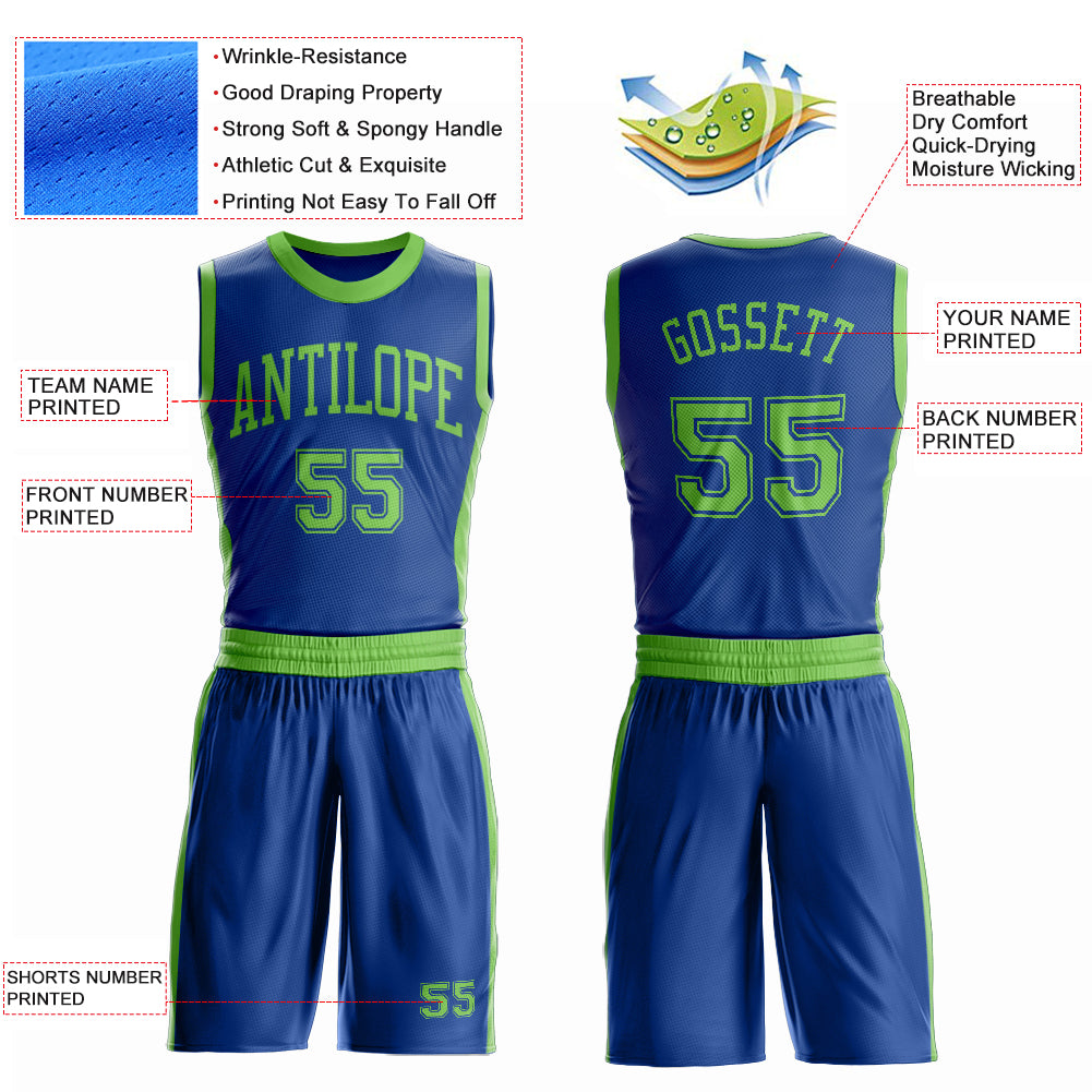 Custom Royal Neon Green Round Neck Suit Basketball Jersey