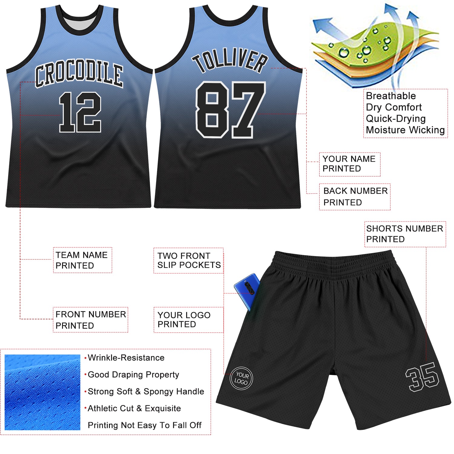 Custom Powder Blue Black-White Fade Fashion Round Neck Sublimation Basketball Suit Jersey