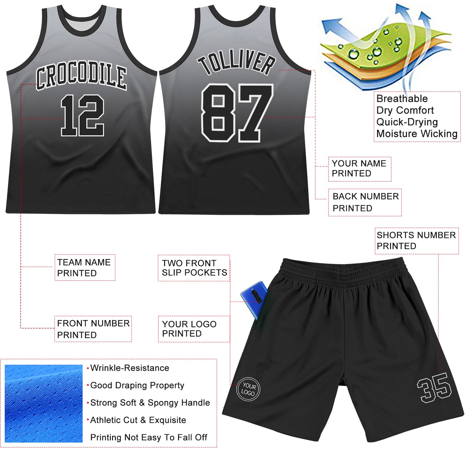 Custom Gray Black-White Fade Fashion Round Neck Sublimation Basketball Suit Jersey