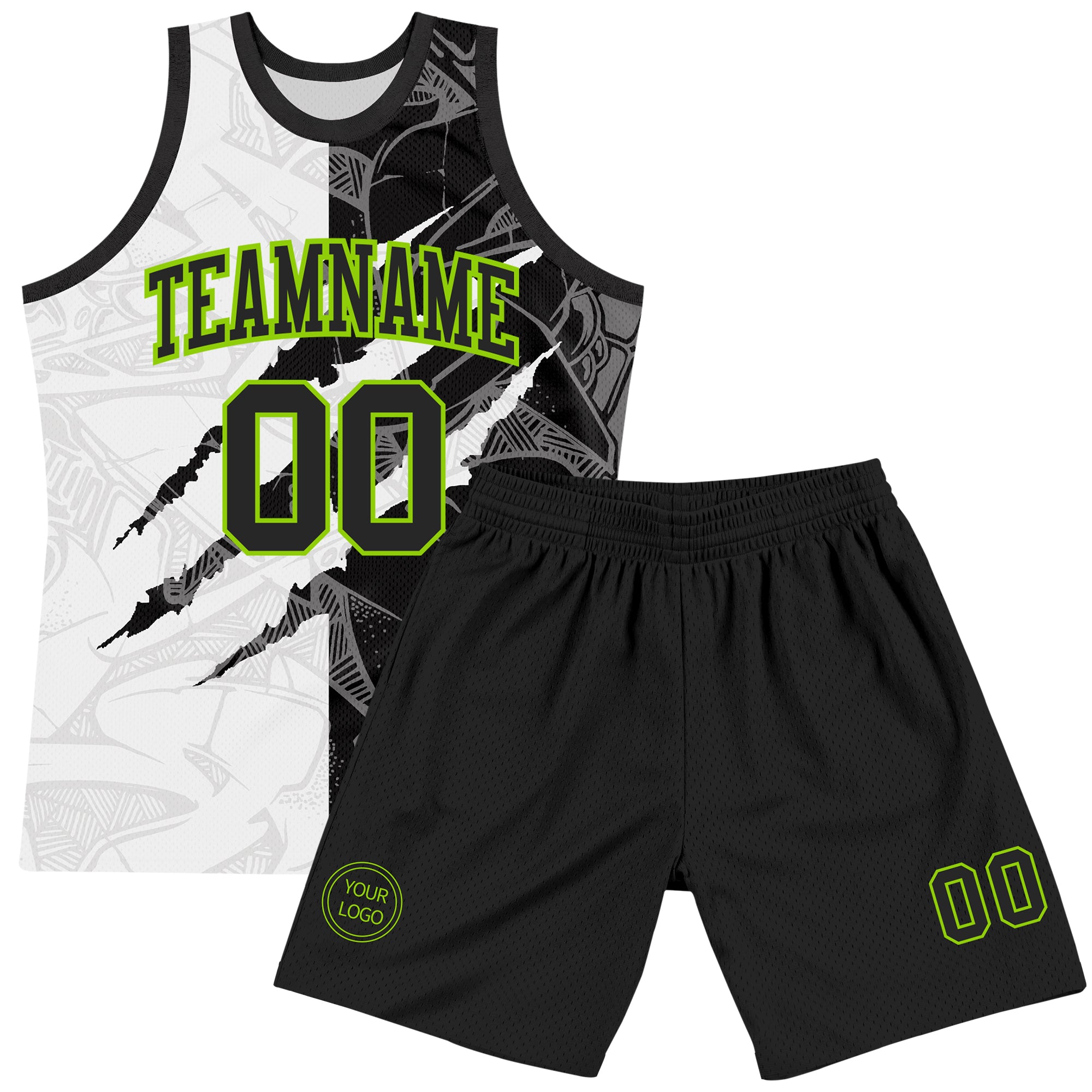 Custom Graffiti Pattern Black White-Neon Green Scratch Round Neck Sublimation Basketball Suit Jersey