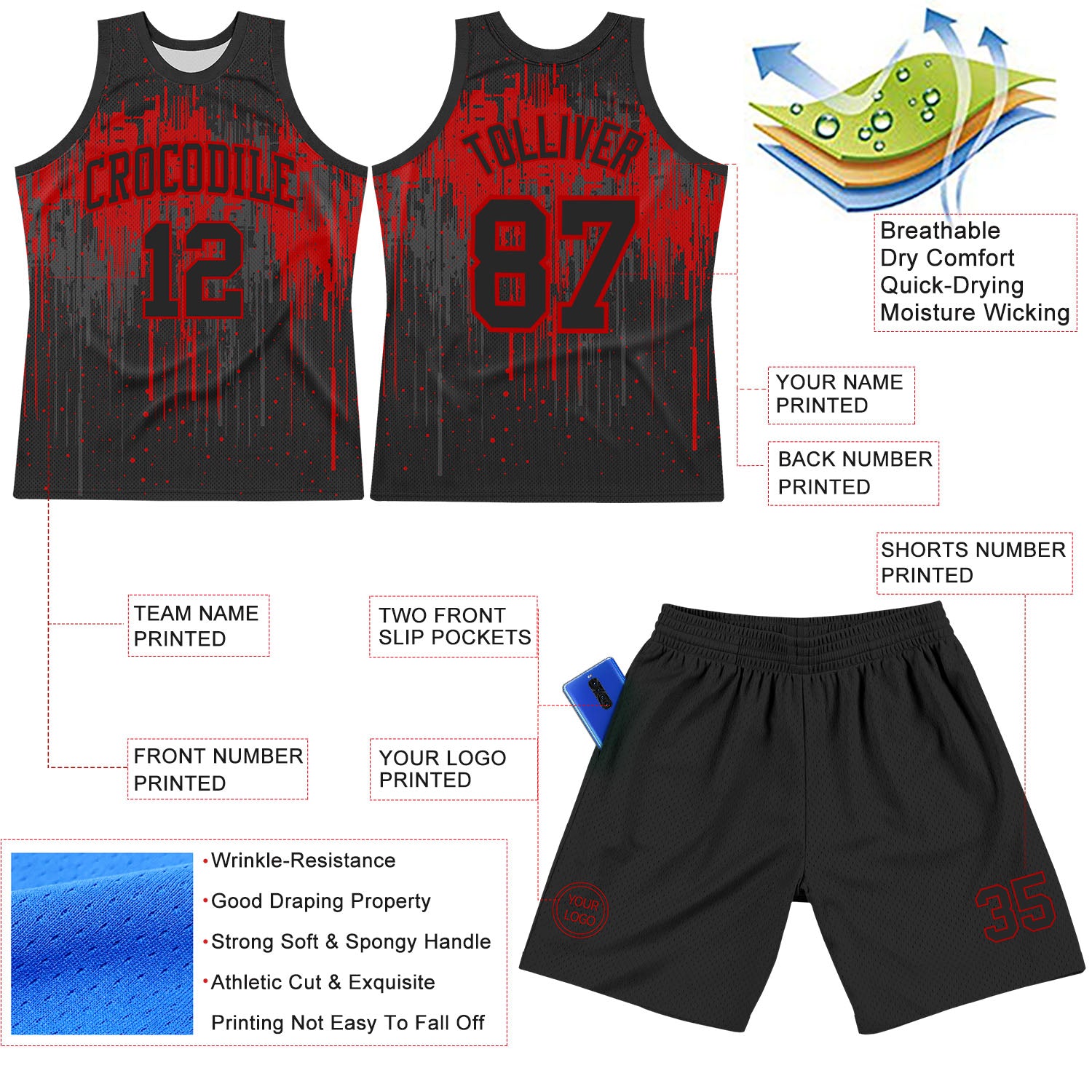 Custom Black Red Dripping Splatter Art Round Neck Sublimation Basketball Suit Jersey