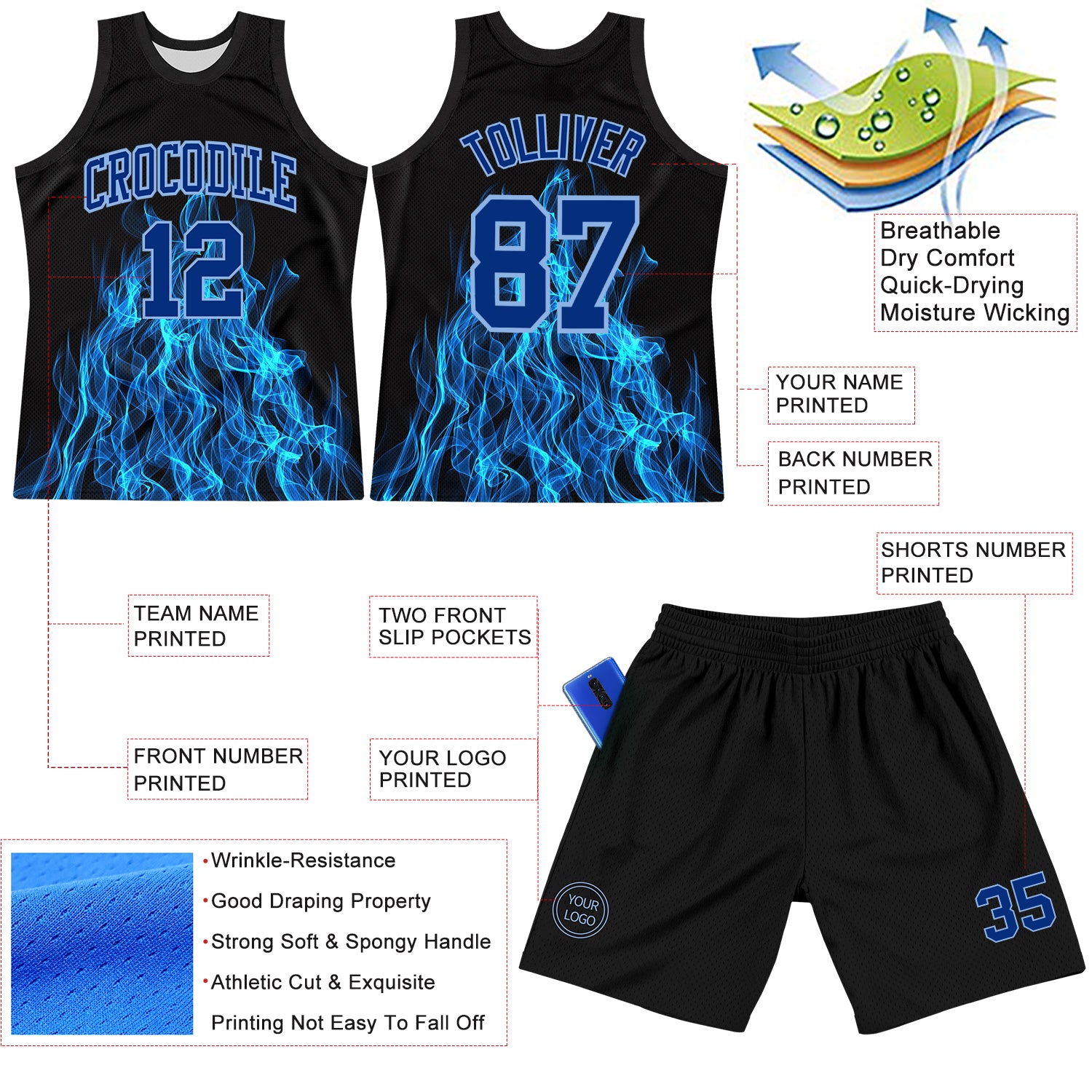 Custom Black Royal-Light Blue Flame Round Neck Sublimation Basketball Suit Jersey