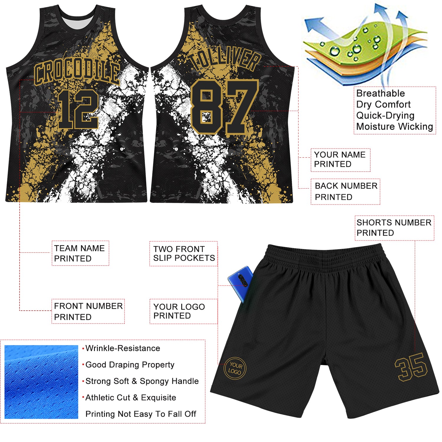 Custom Black Old Gold-White Splash Round Neck Sublimation Basketball Suit Jersey