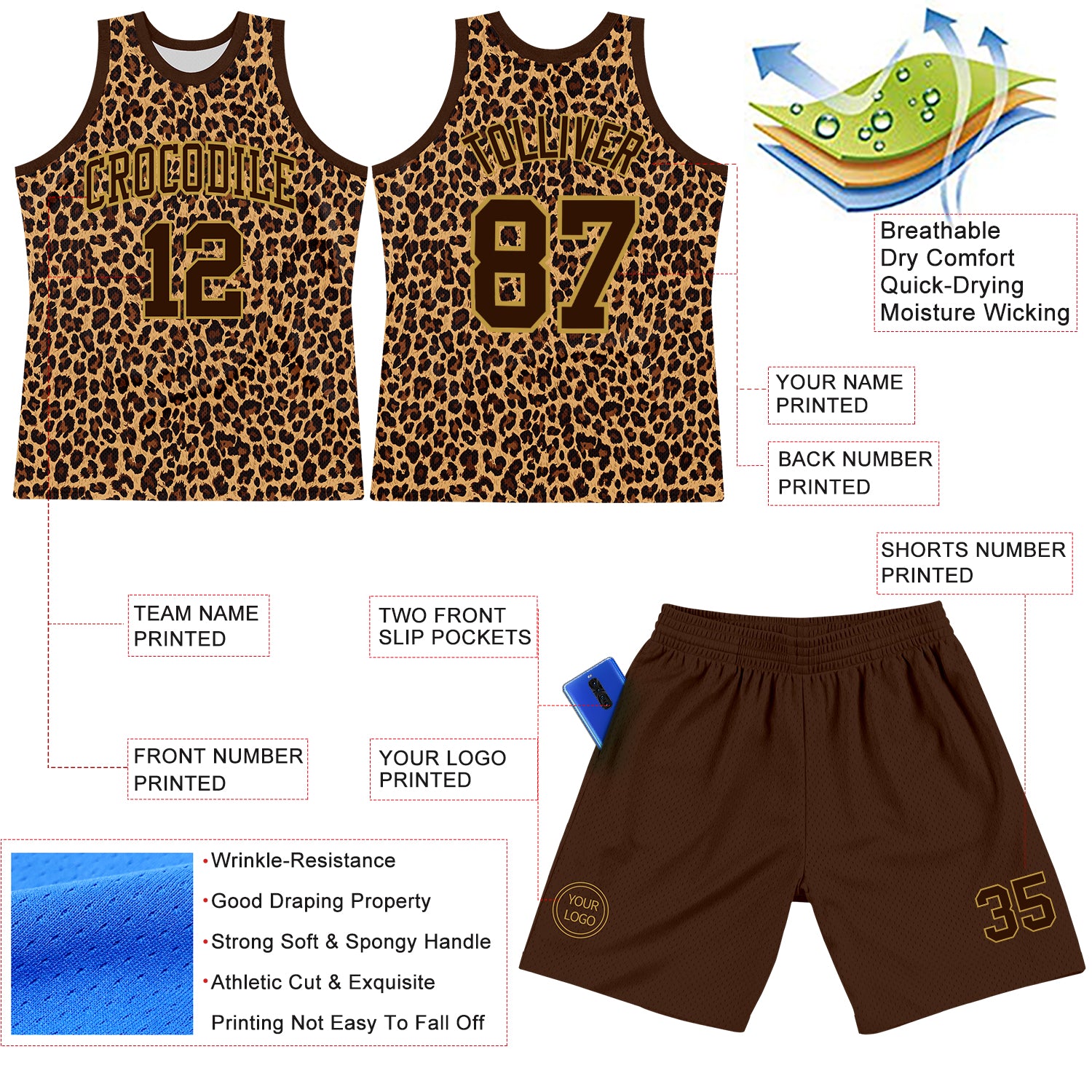Custom Brown Old Gold Leopard Print Round Neck Sublimation Basketball Suit Jersey