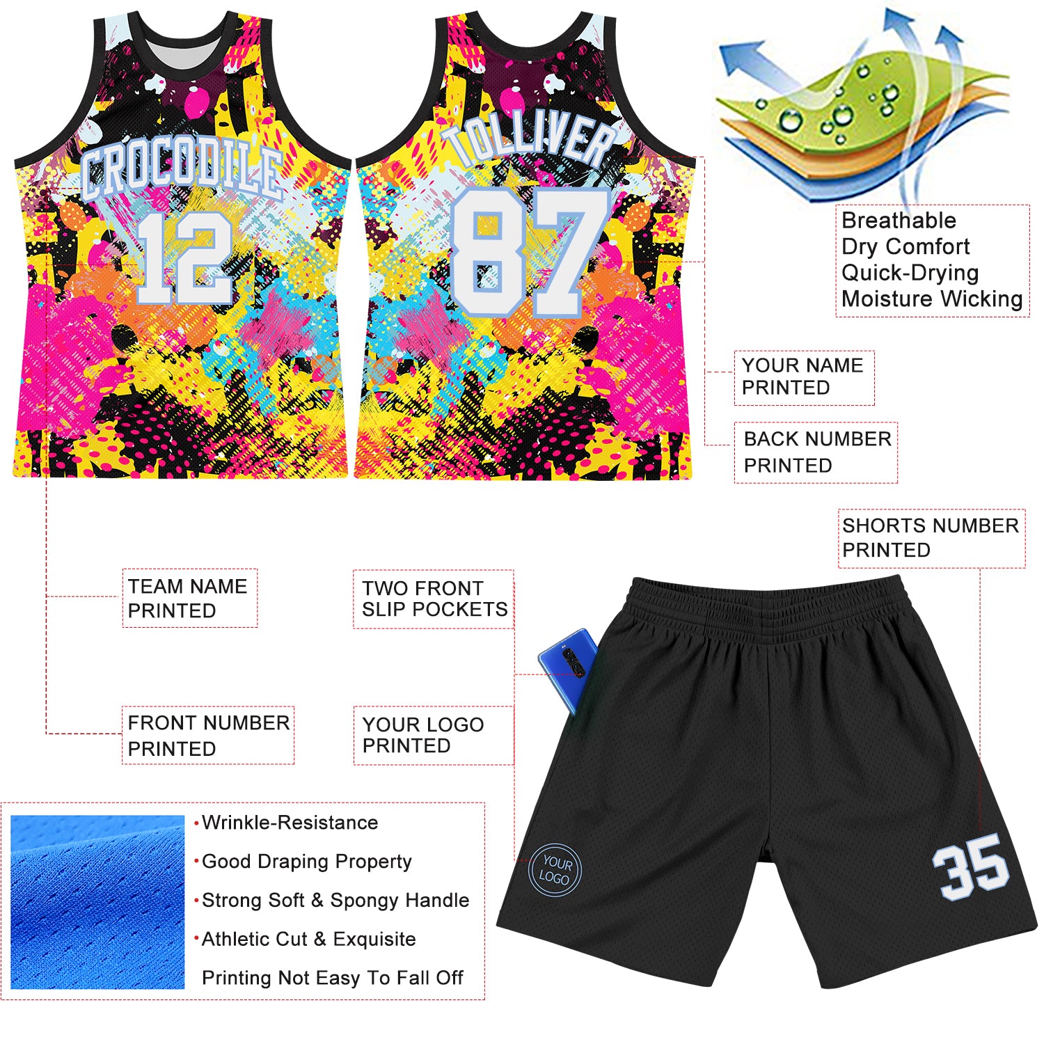 Custom Graffiti Pattern White-Light Blue Splash Round Neck Sublimation Basketball Suit Jersey