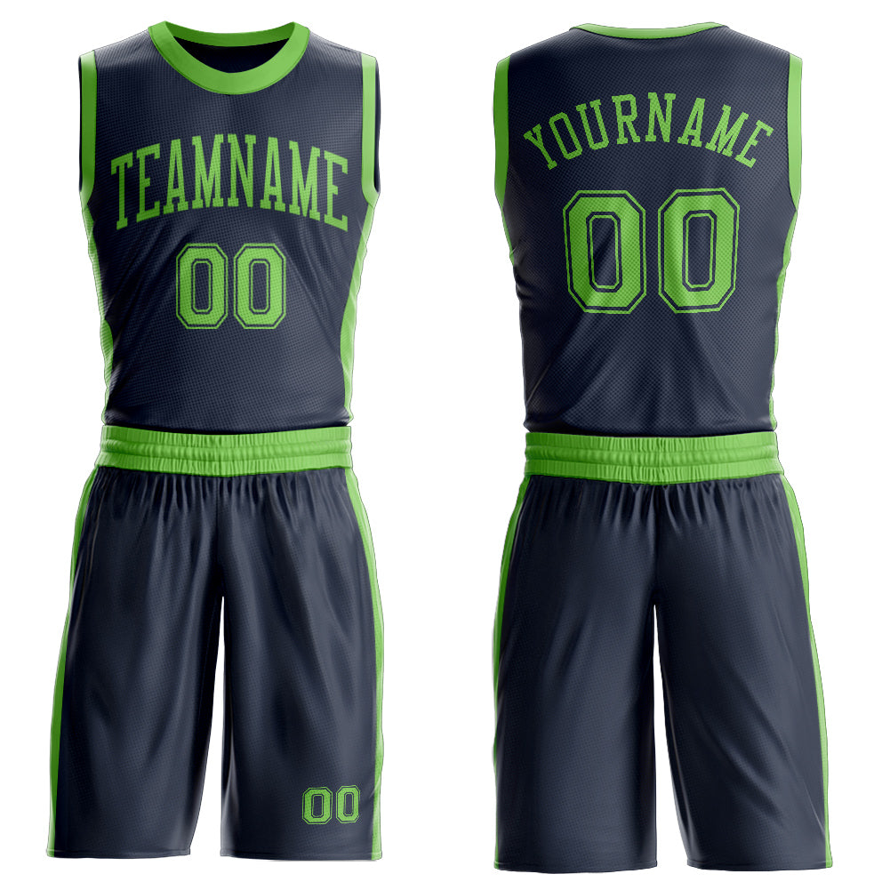 Custom Navy Neon Green Round Neck Suit Basketball Jersey