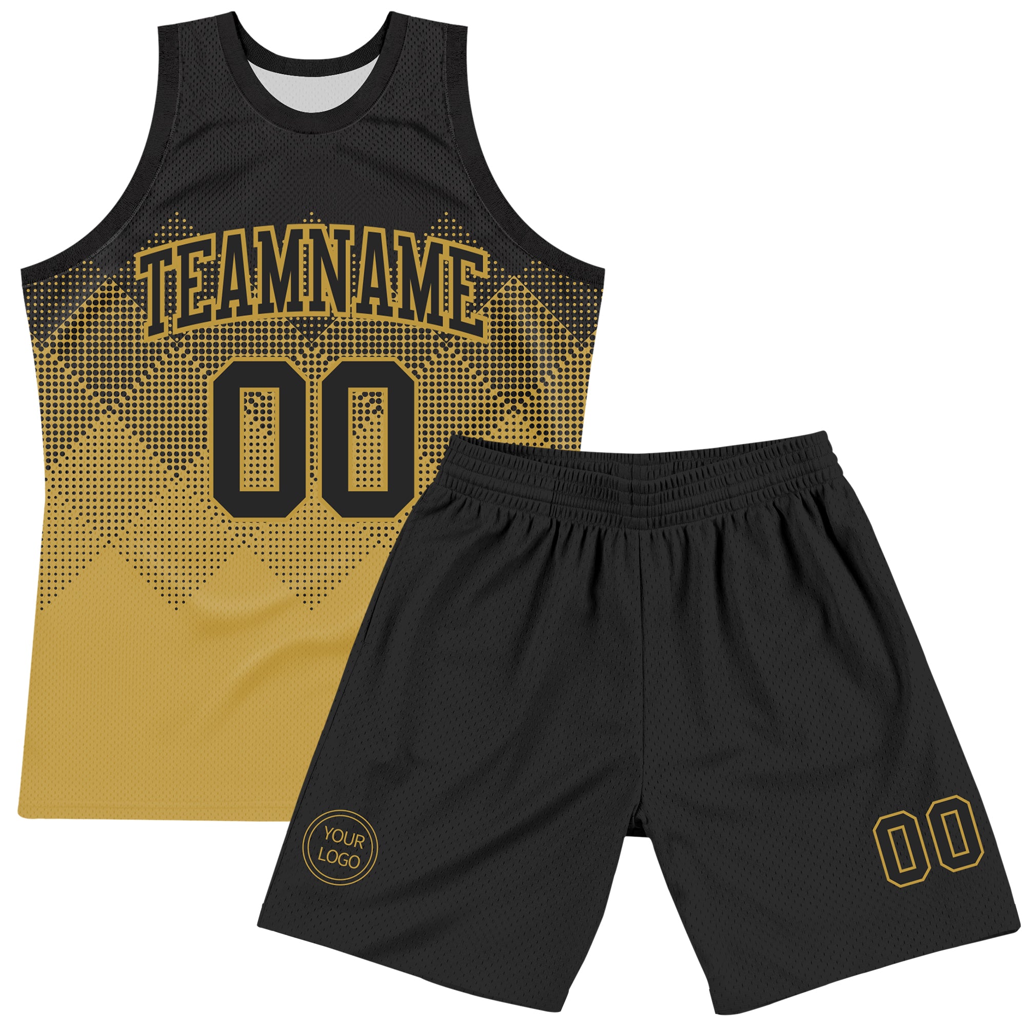 Custom Black Old Gold Gradient Square Shapes Round Neck Sublimation Basketball Suit Jersey