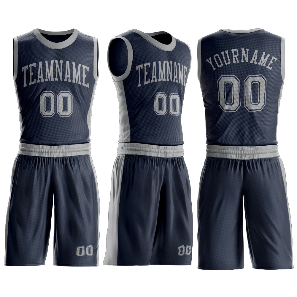 Custom Navy Gray Round Neck Suit Basketball Jersey